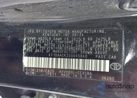 2025 Toyota Camry Xse/Xle/Le/Se from USA, damaged, VIN 4T1DAACK2SU045840